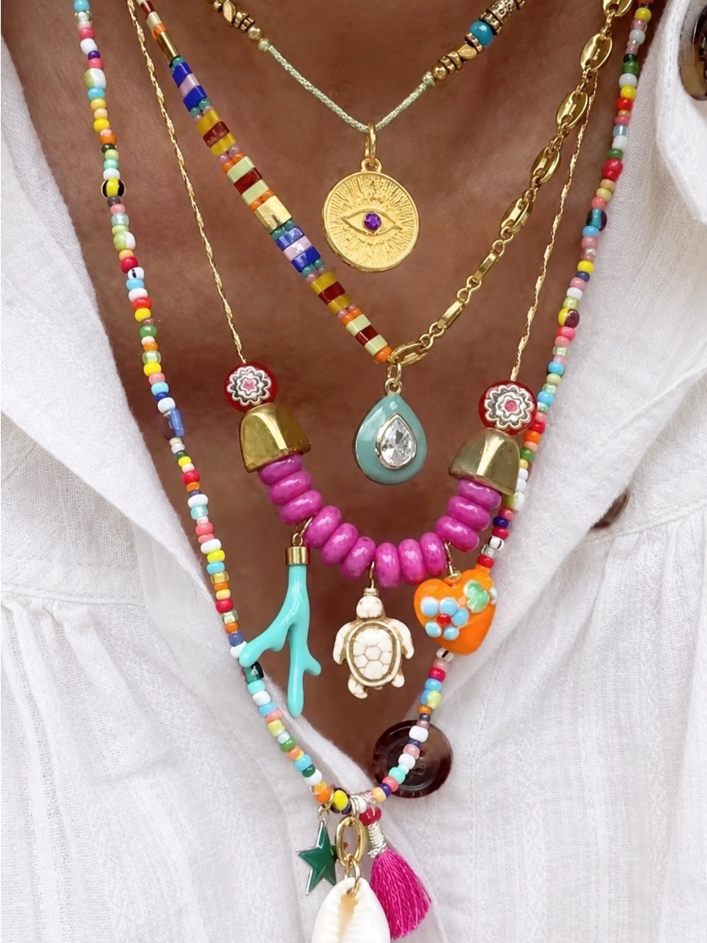 Multicolor Bead & Charm Necklace with Pink and Turquoise Accents